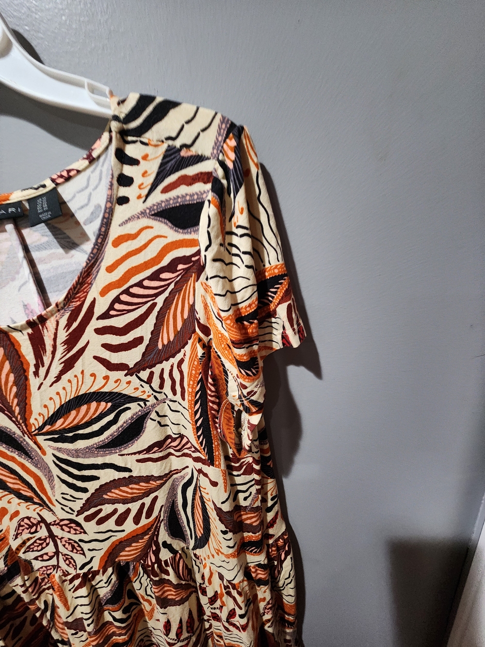 Tahari Cream Leaf-Print Tiered Mini Dress with Orange and Brown Accents - Picture 5 of 6